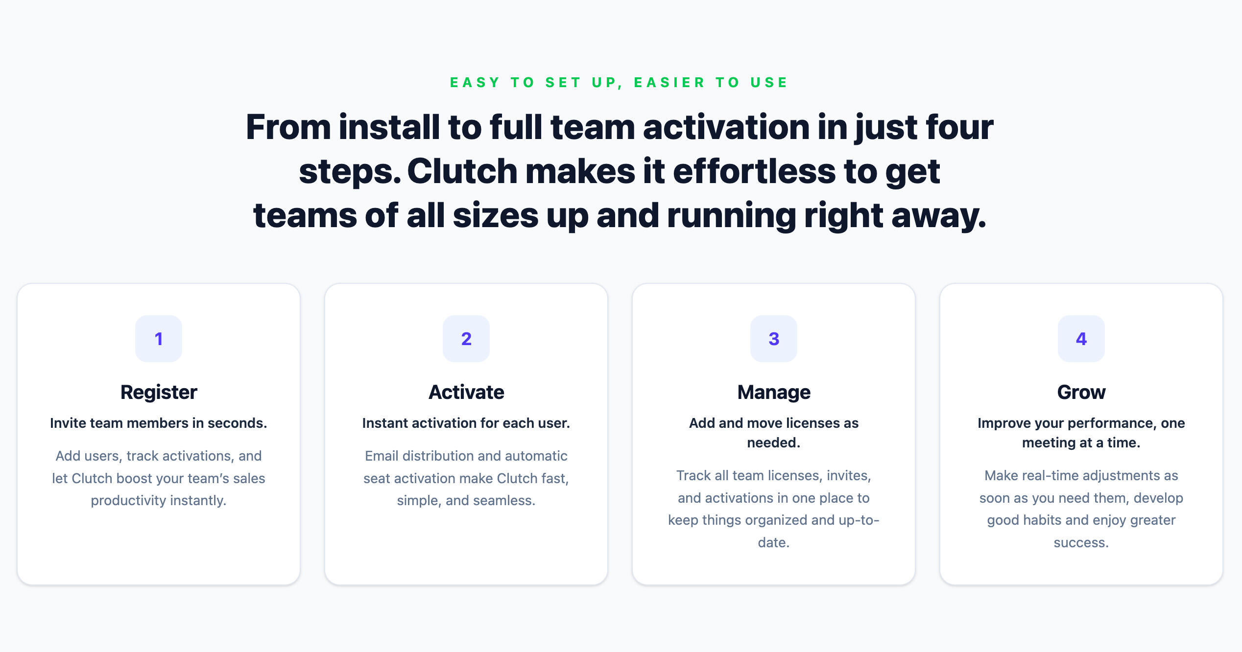 Easy to set up, easier to use From install to full team activation in just four steps. Clutch makes it effortless to get teams of all sizes up and running right away. 1 Register Invite team members in seconds. Add users, track activations, and let Clutc